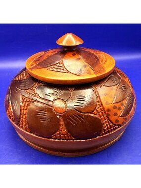 Carved Wood Lidded Trinket Box Bowl Rustic Floral Design Handmade VTG 1970s 70s